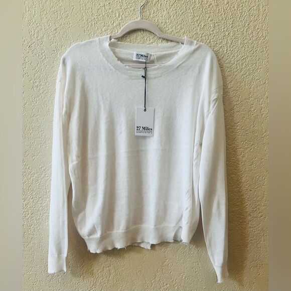27 Miles Sweater Size L Cotton/Cashmere Laser White Distressed Asymmetrical NWT - Picture 2 of 8
